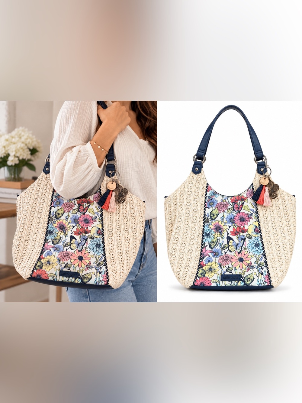 Sakroots Straw Purse with Floral and Butterfly Accents Boho Coastal Floral Chic